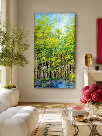 Zonnig Berkenbos aan het Water, Natuur & Landschap schilderij aan de muur in interieur