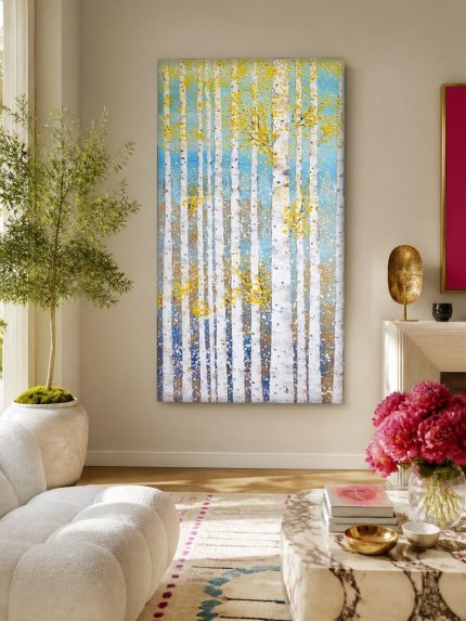 Berkenbos in herfstlicht, Natuur & Landschap schilderij aan de muur in interieur