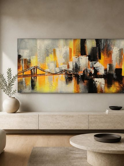Skyline in Vuurgloed, Steden & Skylines schilderij aan de muur in interieur