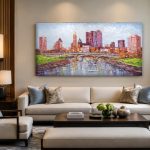 Kleurrijke Skyline aan de Rivier, Steden & Skylines schilderij aan de muur in interieur