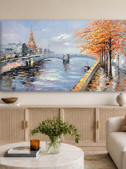 Herfstlicht langs de Rivierboulevard, Steden & Skylines schilderij aan de muur in interieur