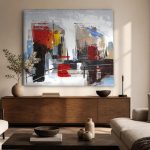 Stedelijke Reflecties in Rood, Steden & Skylines schilderij aan de muur in interieur
