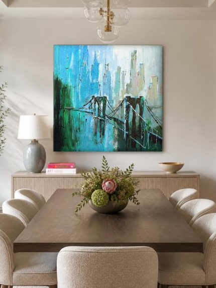 Brooklyn Bridge in blauw en groen, Steden & Skylines schilderij aan de muur in interieur