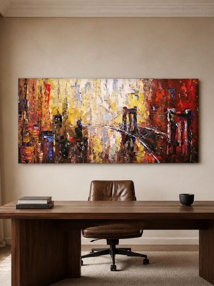 Brooklyn Bridge in Vuurgloed, Steden & Skylines schilderij aan de muur in interieur