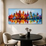 Skyline in Regenboogkleuren, Steden & Skylines schilderij aan de muur in interieur