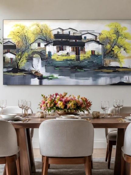 Waterdorp in de Herfst, Steden & Skylines schilderij aan de muur in interieur