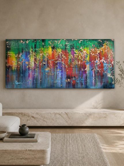 Kleurcascade in Smaragd, Abstract & Modern schilderij aan de muur in interieur