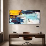 Oker en Turquoise in Beweging, Abstract & Modern schilderij aan de muur in interieur
