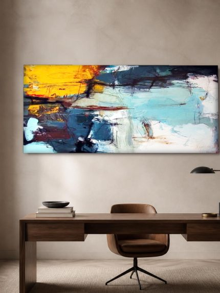 Oker en Turquoise in Beweging, Abstract & Modern schilderij aan de muur in interieur