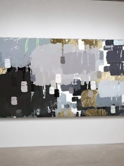 Kleurvlakken in Grijs en Goud, Abstract & Modern schilderij aan de muur in interieur