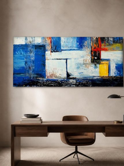 Blauwe Vlakken in Beweging, Abstract & Modern schilderij aan de muur in interieur