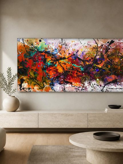 Kleurrijke Chaos, Abstract & Modern schilderij aan de muur in interieur