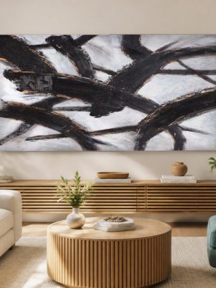 Zwarte Takken in Wit, Abstract & Modern schilderij aan de muur in interieur