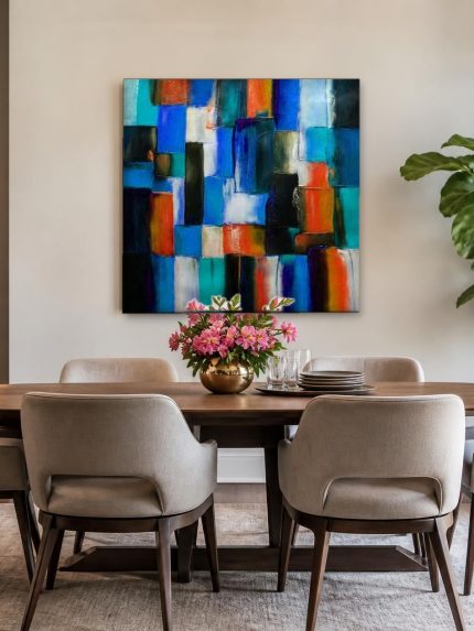 Blauw Mozaïek, Abstract & Modern schilderij aan de muur in interieur