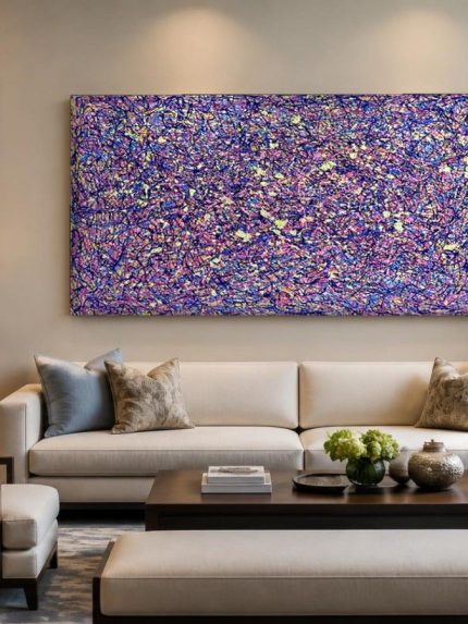 Paars Lijnenspel, Abstract & Modern schilderij aan de muur in interieur