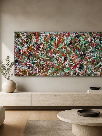 Kleurenspetters in Beweging, Abstract & Modern schilderij aan de muur in interieur