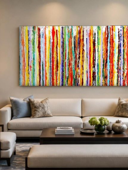Kleurrijke Strepen, Abstract & Modern schilderij aan de muur in interieur