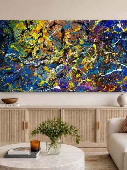 Kleurenchaos, Abstract & Modern schilderij aan de muur in interieur