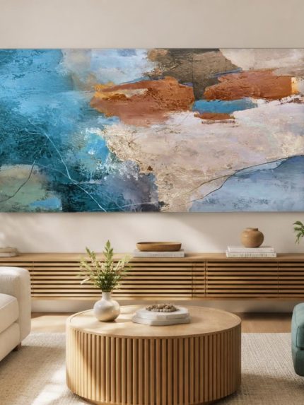 Blauw-Terracotta Reliëf, Abstract & Modern schilderij aan de muur in interieur