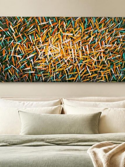 Vuurwerk van Penseelstreken, Abstract & Modern schilderij aan de muur in interieur